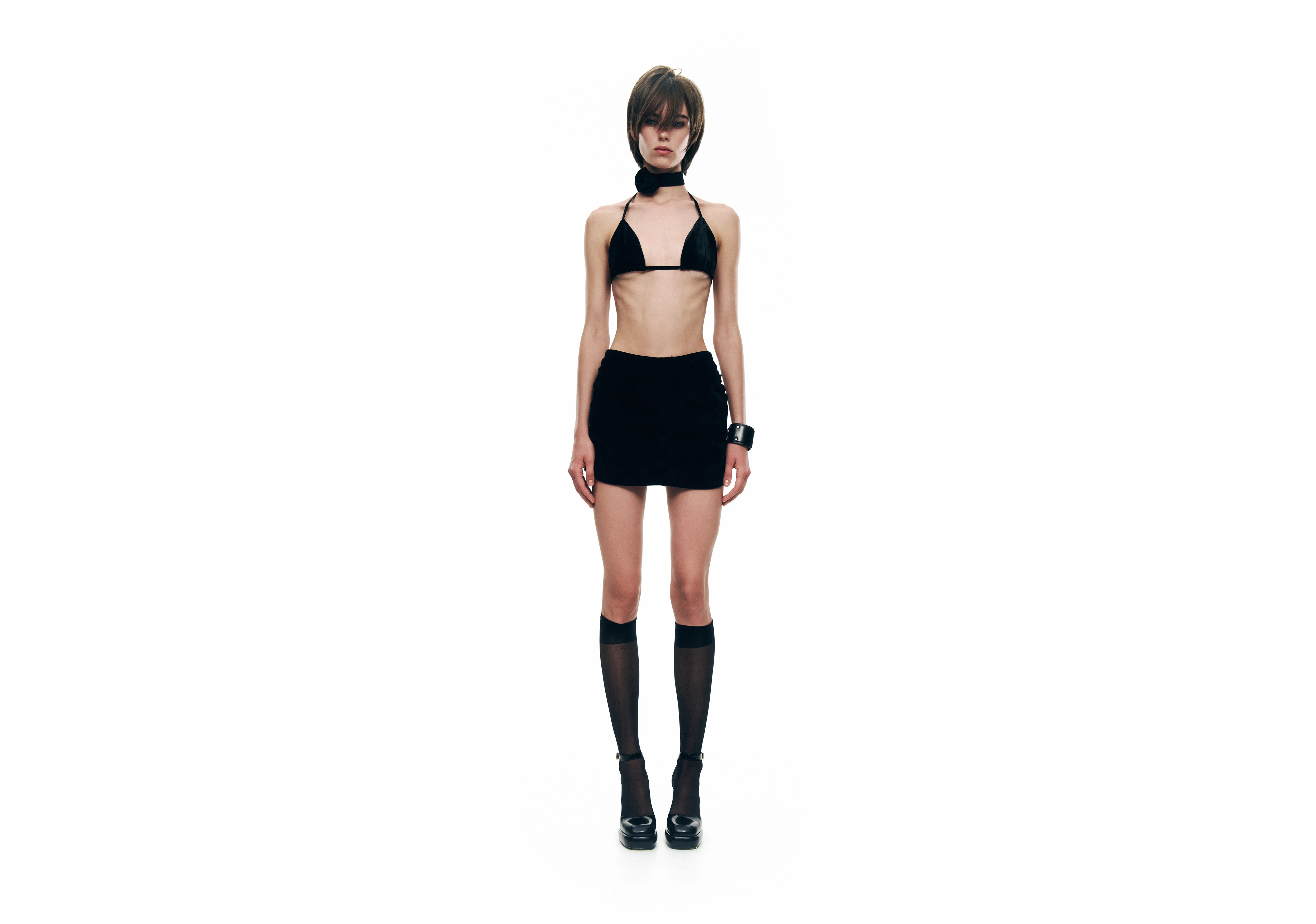 Short trousers with draped velvet panel
