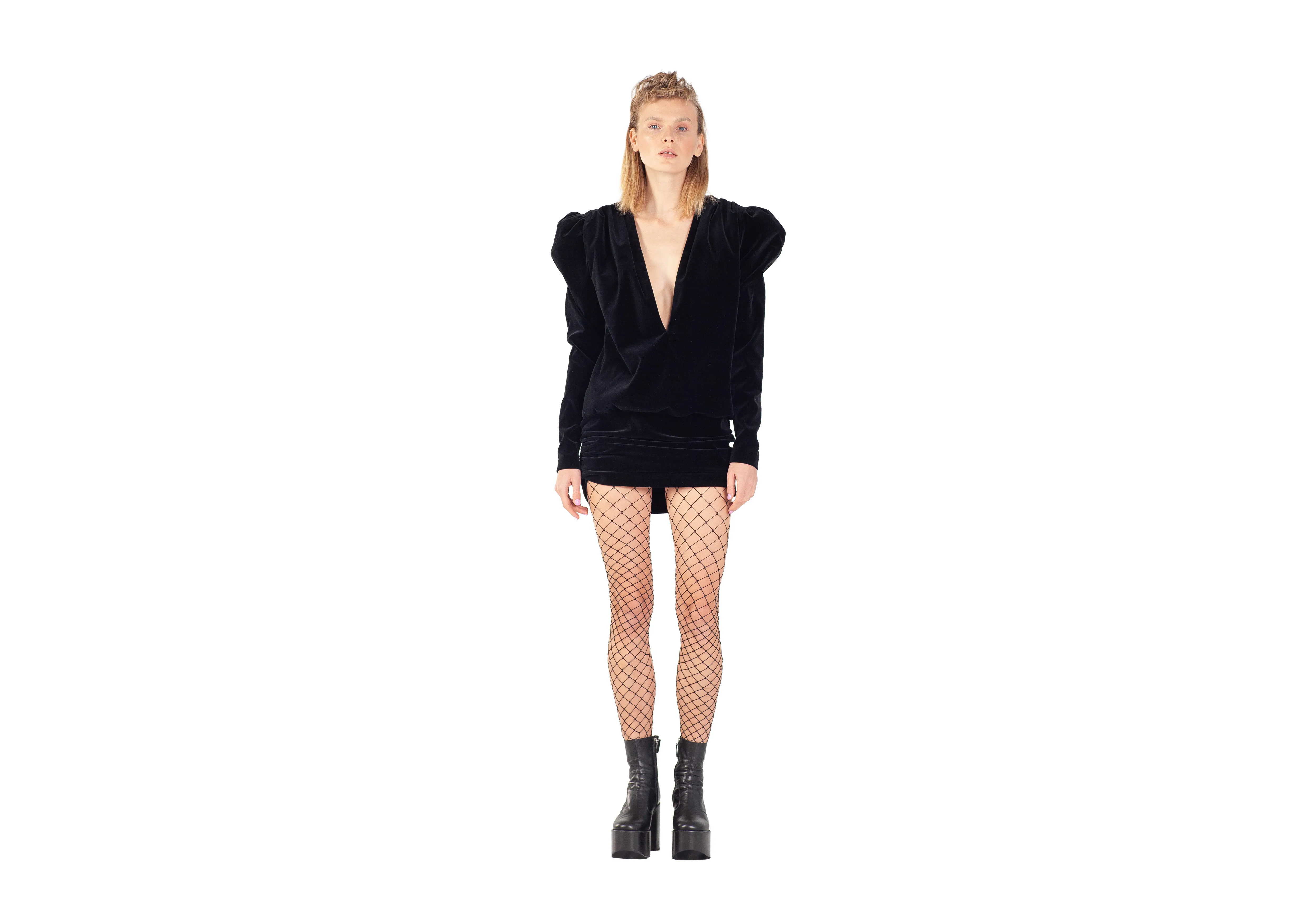 Black velvet dress with structured shoulders